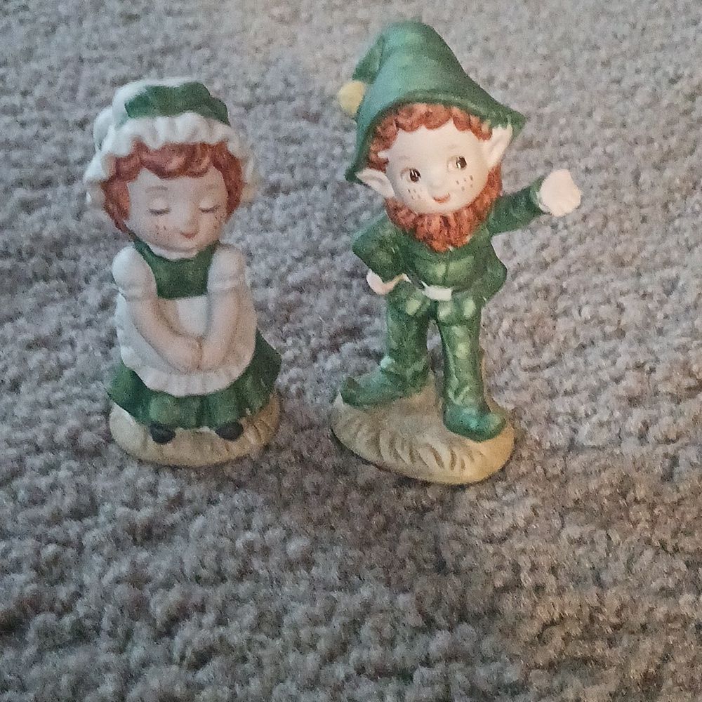 Lefton vintage leprechaun pixie boy and girl St Patricks Day Irish Figurine Set